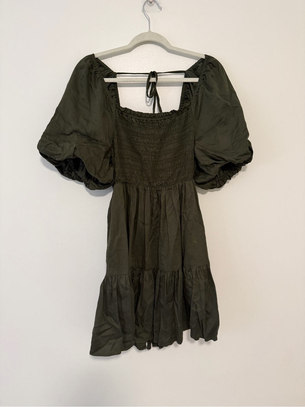 GAP Olive Green Smocked Square-Neck Mini Dress with Puff Sleeves